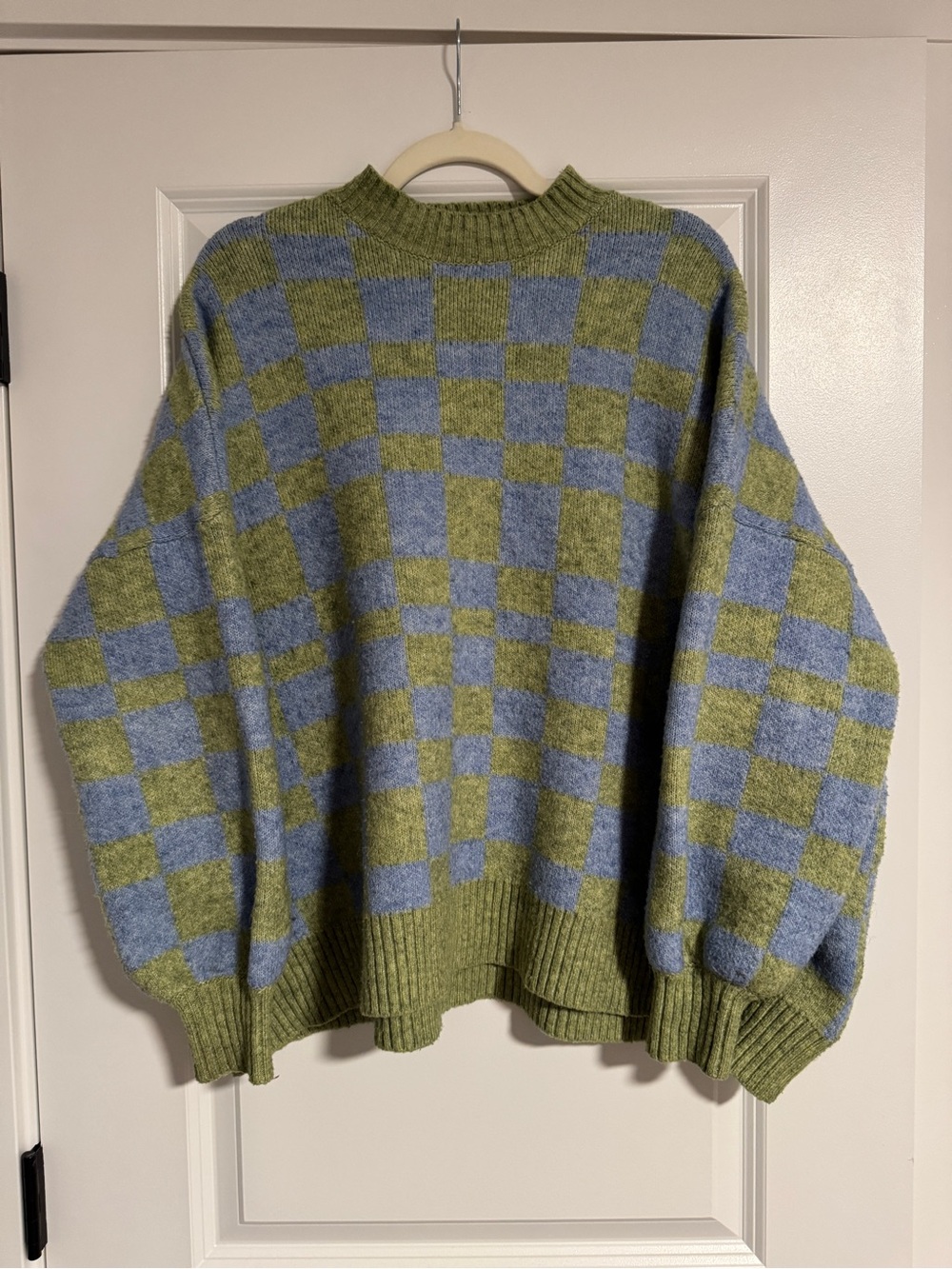 VRG GRL Checkerboard Knit Sweater in Olive & Dusty Blue